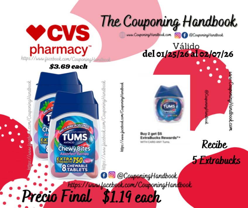 TUMS Antacid Chewy Bites Chewable Tablets, 8 Count por $1.19