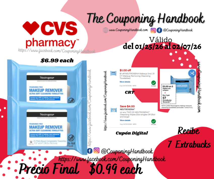 Neutrogena Makeup Remover Cleansing Towelettes, 25CT por $0.99