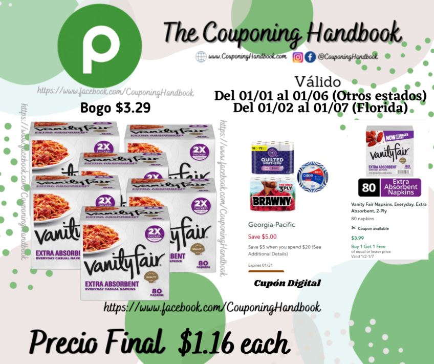 Vanity Fair Napkins, Everyday, Extra Absorbent, 2-Ply 80 napkins por $1.16