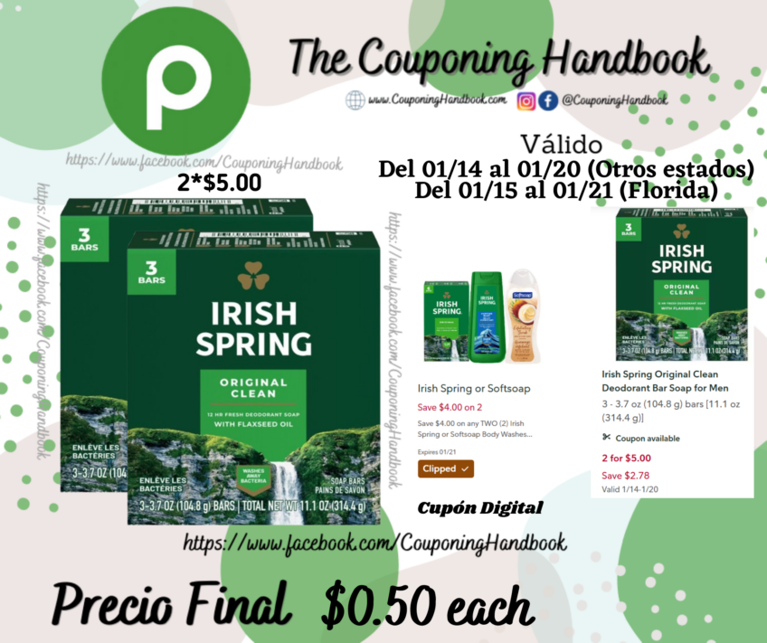 Irish Spring Original Clean Deodorant Bar Soap for Men por $0.50