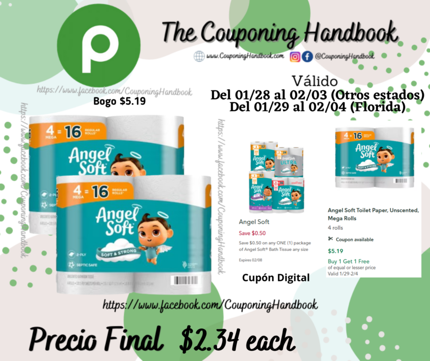 Angel Soft Toilet Paper, Unscented, Mega Rolls 4 rolls por $2.34