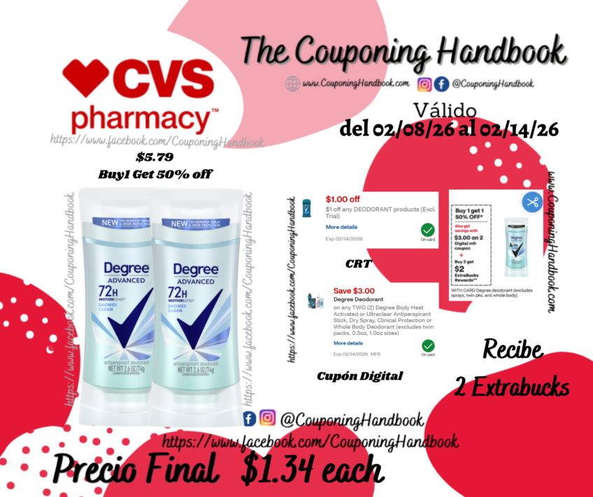 Degree 72-Hour Antiperspirant & Deodorant Stick, Shower Clean, 2.6 OZ por $1.34