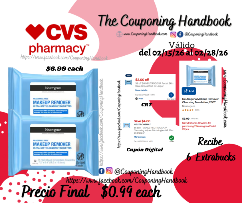 Neutrogena Makeup Remover Cleansing Towelettes, 25CT por $0.99