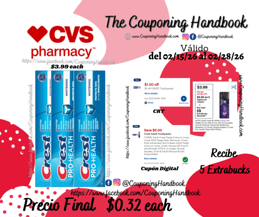 Crest Pro-Health Whitening Anticavity Fluoride Toothpaste, 4.3 OZ por $0.32