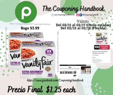 Vanity Fair Napkins, Everyday, Extra Absorbent, 2-Ply 80 napkins por $1.25