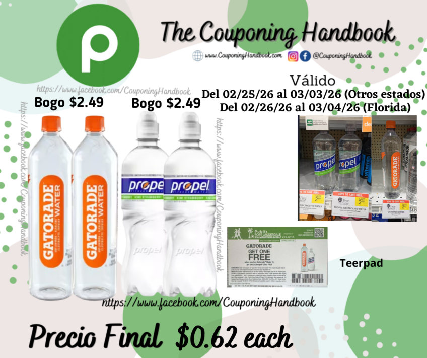 02 Gatorade Alkaline Unflavored Water y 02 Propel Electrolyte Water Beverage por $2.49