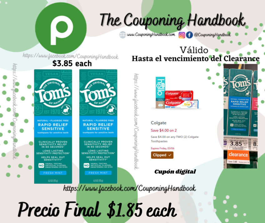 Tom’s Of Maine Rapid Relief Sensitive Natural Fluoride-Free Toothpaste 4 OZ por $1.85