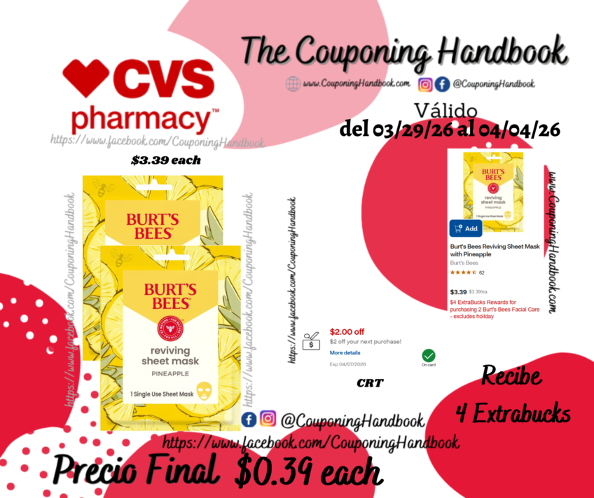 Burt’s Bees Reviving Sheet Mask with Pineapple por $0.39