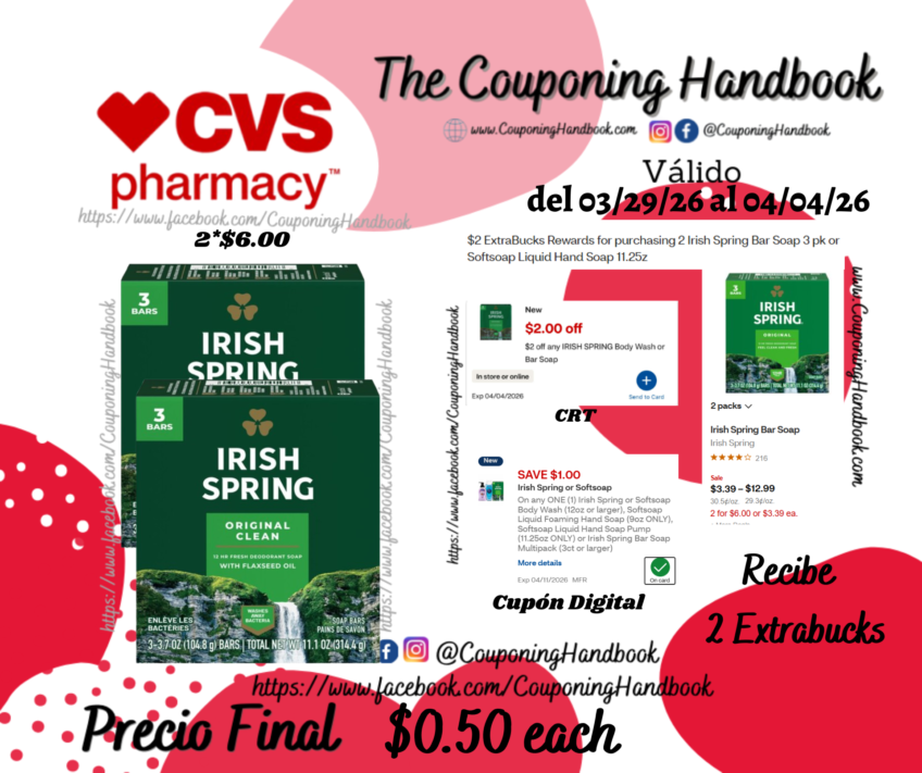 Irish Spring Bar Soap, 3/Pack por $0.50