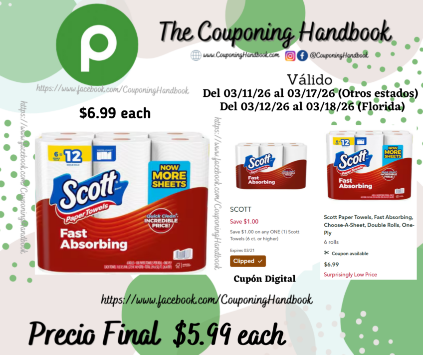 Scott Paper Towels, Fast Absorbing, Choose-A-Sheet, Double Rolls, One-Ply 6 rolls por $5.99