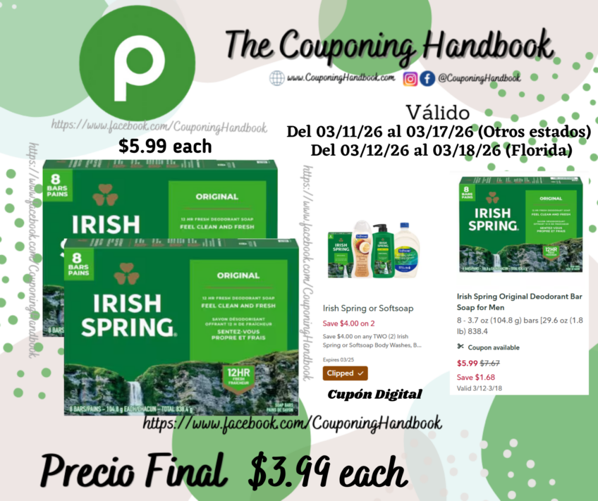 Irish Spring Original Deodorant Bar Soap for Men 8 por $3.99