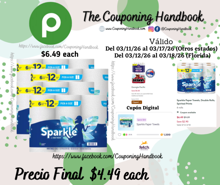 Sparkle Tear-A-Square White 2-Ply Double Rolls Paper Towels 6 rolls por $4.49