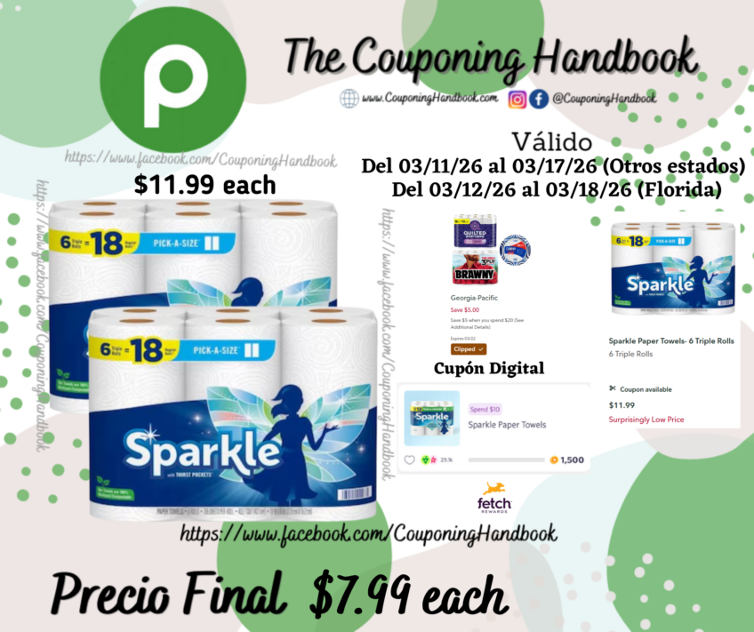 Sparkle Paper Towels- 6 Triple Rolls por $7.99
