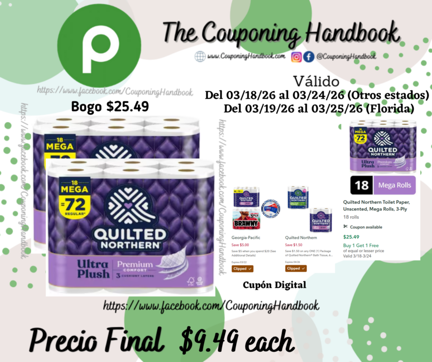 Quilted Northern Toilet Paper, Unscented, Mega Rolls, 3-Ply 18 rolls por $9.49