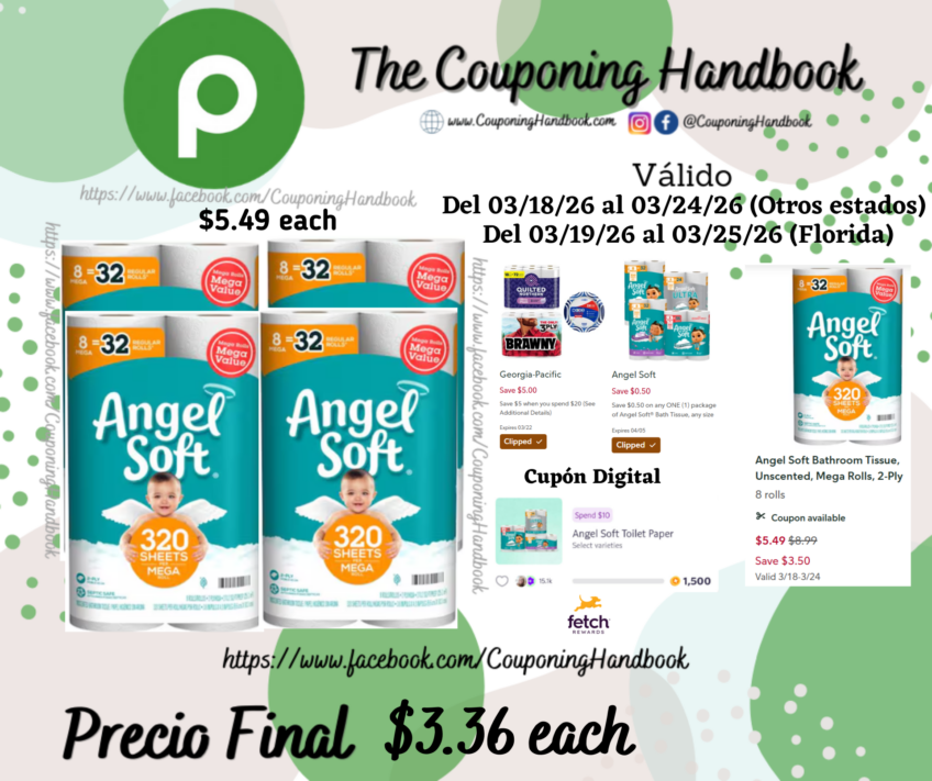 Angel Soft Bathroom Tissue, Unscented, Mega Rolls, 2-Ply 8 rolls por $3.36