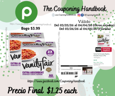 Vanity Fair Napkins, Everyday, Extra Absorbent, 2-Ply 80 napkins por $1.25