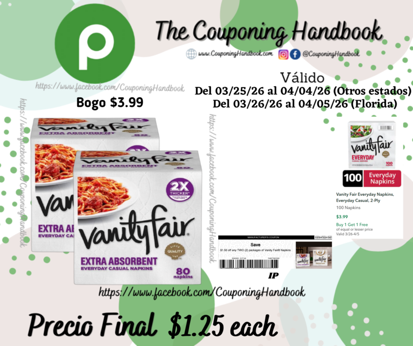 Vanity Fair Napkins, Everyday, Extra Absorbent, 2-Ply 80 napkins por $1.25