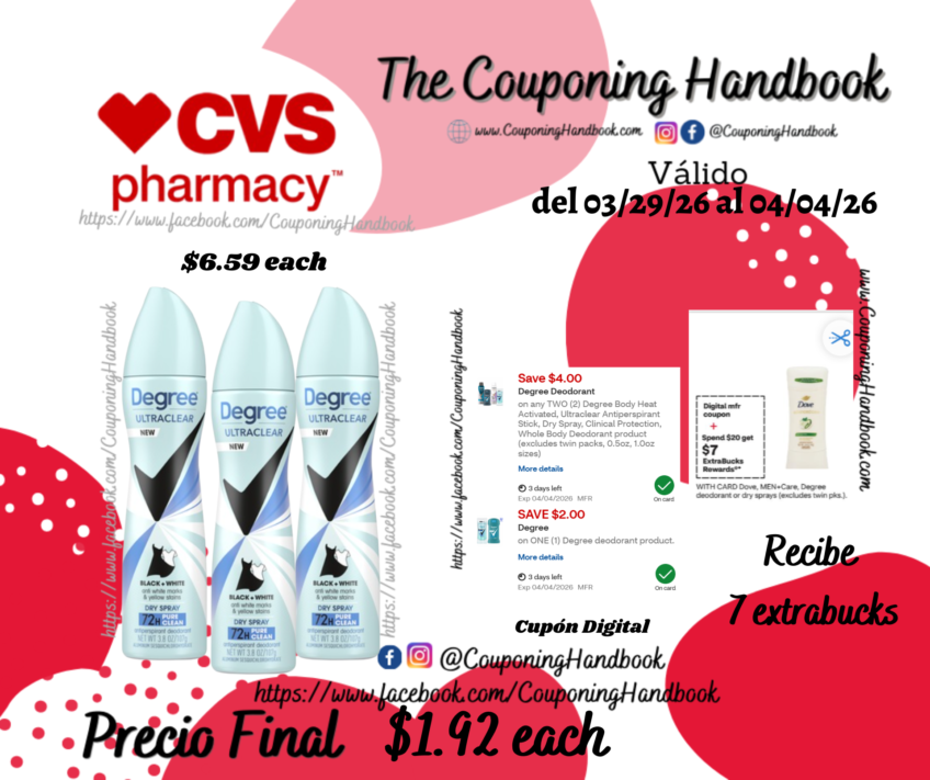 Degree Ultraclear Deodorant Dry Spray 3.8 OZ por $1.92