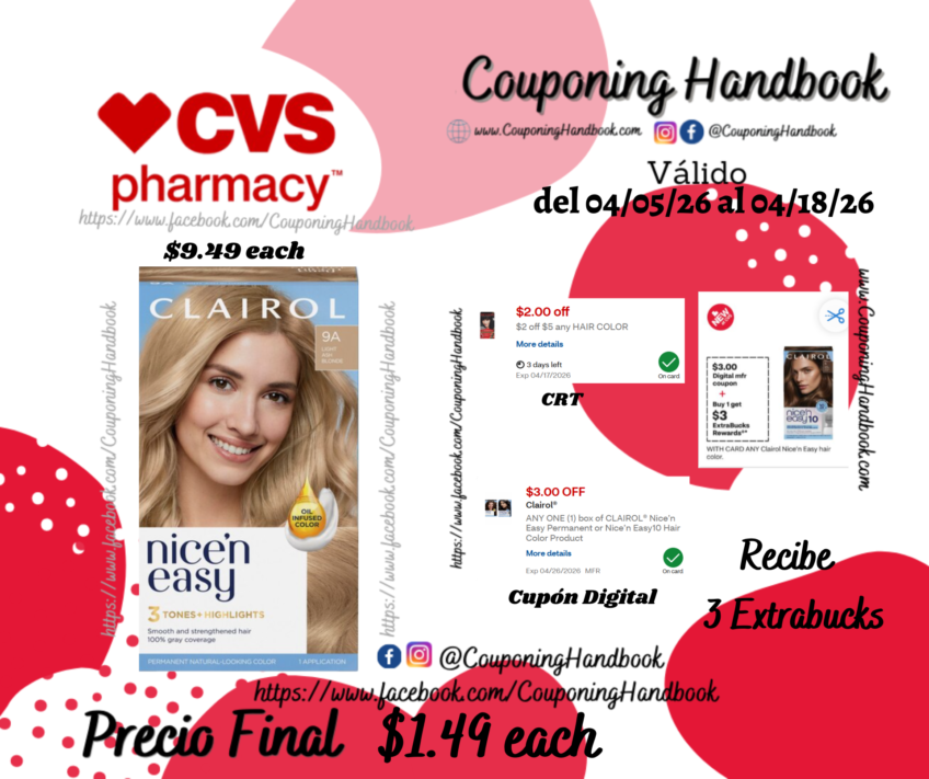 Clairol Nice’n Easy Permanent Hair Color, 9A Light Ash Blonde por $1.49