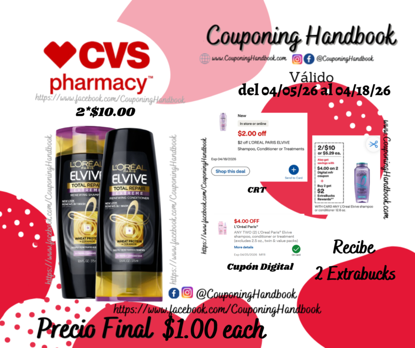 L’Oreal Paris Elvive Total Repair Extreme Renewing Shampoo/conditioner 12.6 OZ por $1.00