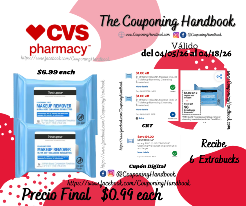 Neutrogena Makeup Remover Cleansing Towelettes, 25CT por $0.99