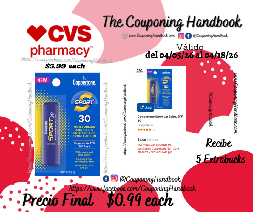 Coppertone Sport Lip Balm, SPF 30 por $0.99