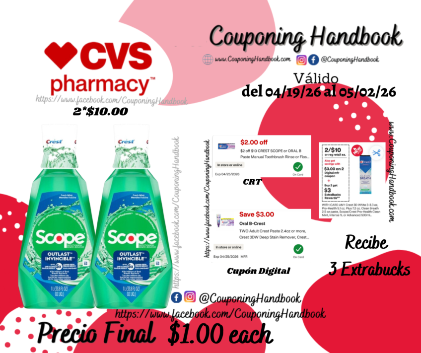 Scope Outlast Mouthwash, Mint, 1 L por $1.00