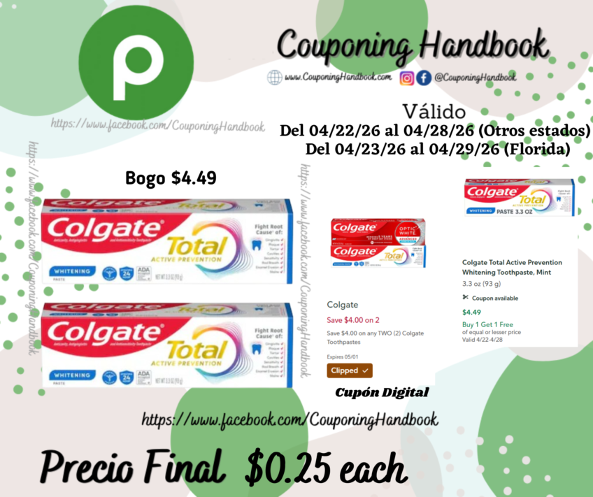 Colgate Total Active Prevention Whitening Toothpaste 3.3 oz por $0.25