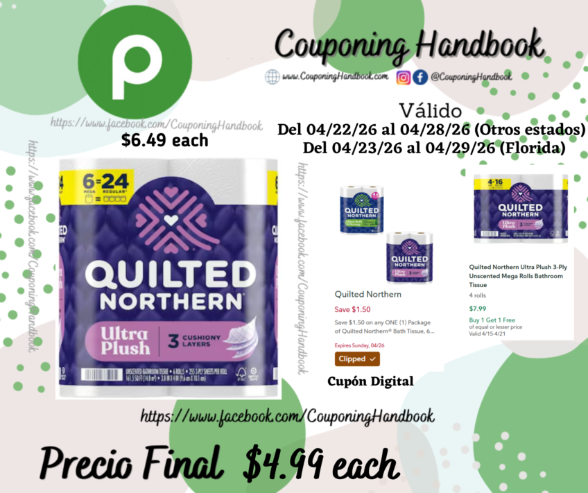 Quilted Northern Ultra Plush Toilet Paper, Unscented, Mega Rolls, 3-Ply 6 rolls por $4.99