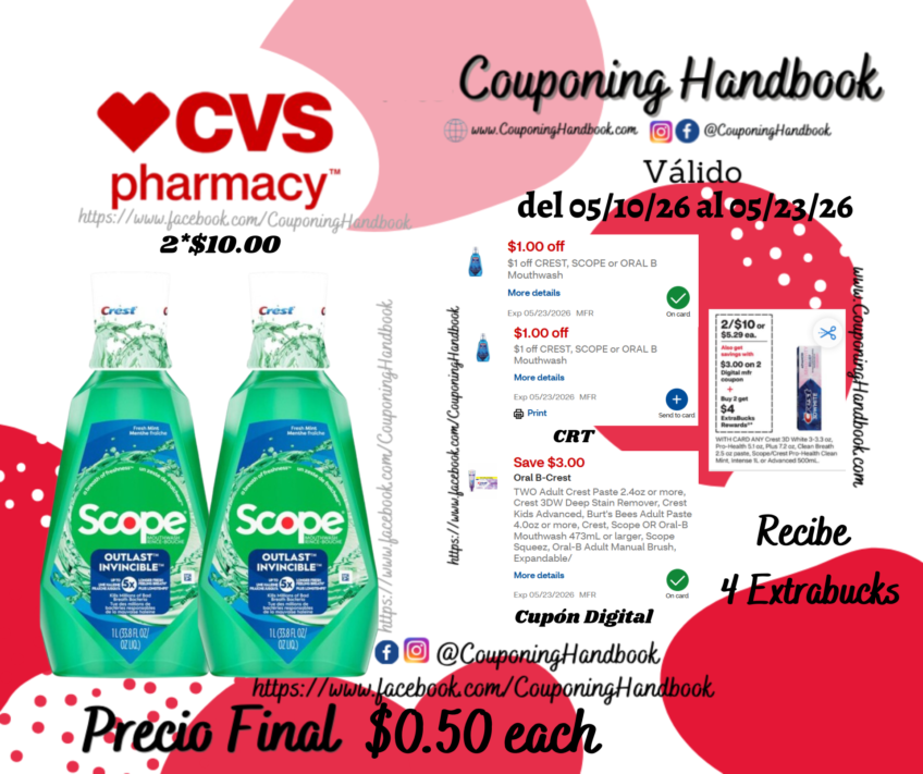 Scope Outlast Mouthwash, Mint, 1 L por $0.50