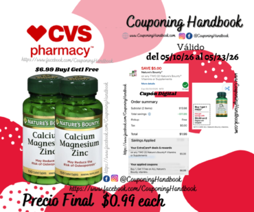 Nature’s Bounty Calcium Magnesium Zinc Coated Caplets, 100 CT por $0.99