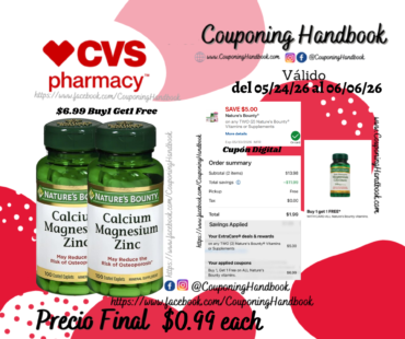 Nature’s Bounty Calcium Magnesium Zinc Coated Caplets, 100 CT por $0.99