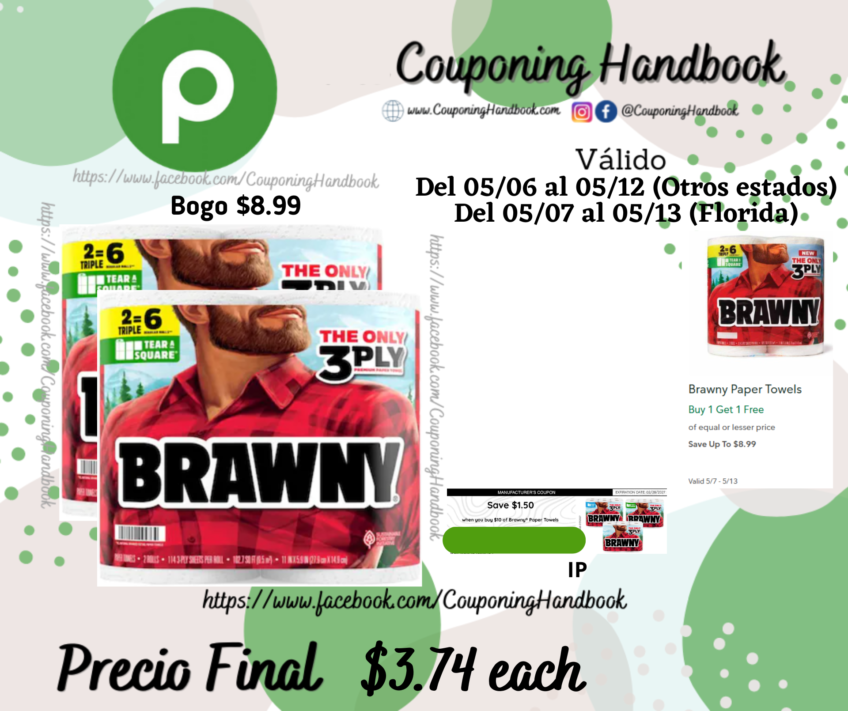 Brawny Tear-A-Square White 3-Ply Triple Rolls Paper Towels 2 rolls por $3.74