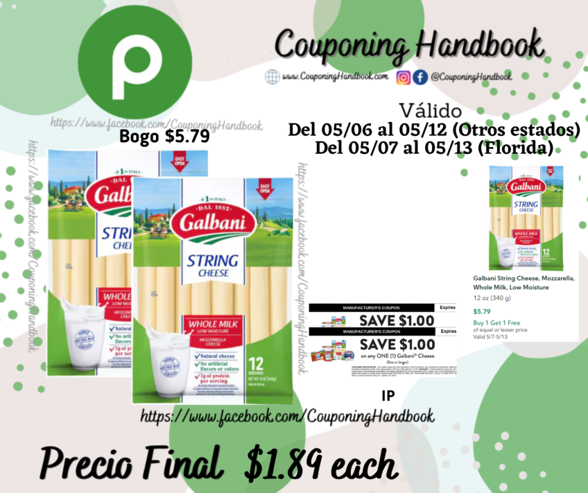 Galbani String Cheese, Mozzarella, Whole Milk, Low Moisture por $1.89