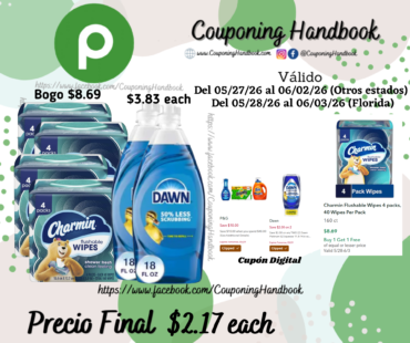 Dawn Ultra Dish Soap y/o Charmin Flushable Wipes por $2.17
