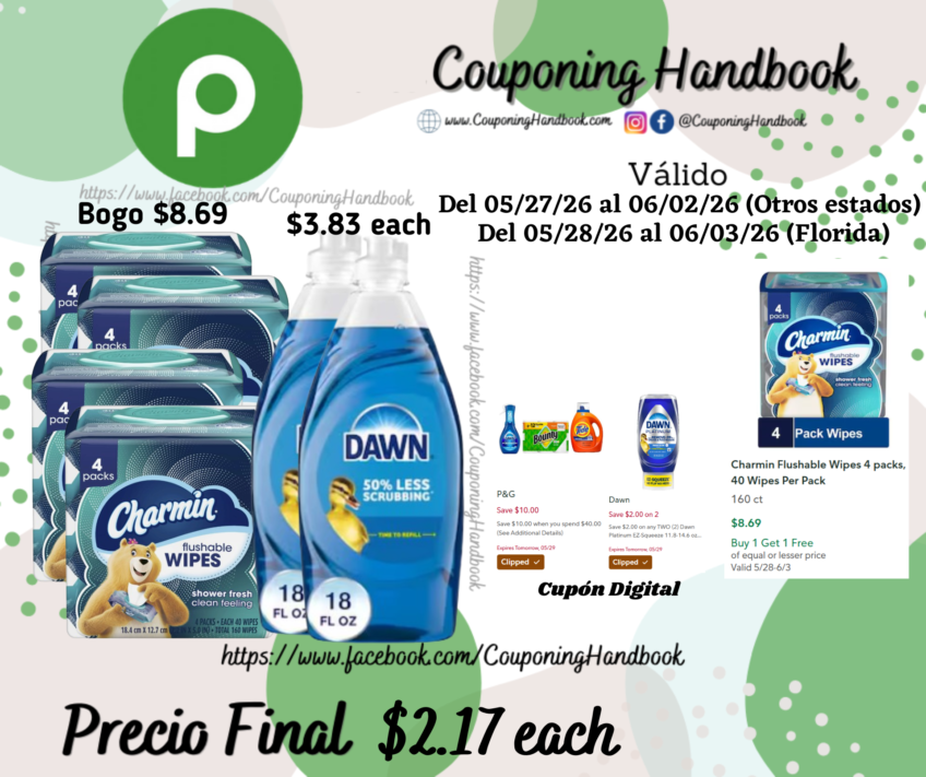 Dawn Ultra Dish Soap y/o Charmin Flushable Wipes por $2.17