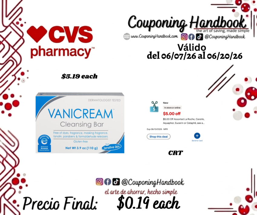 Dermatologist Tested Skin Care Vanicream Cleansing Bar, Fragrance Free por $0.19