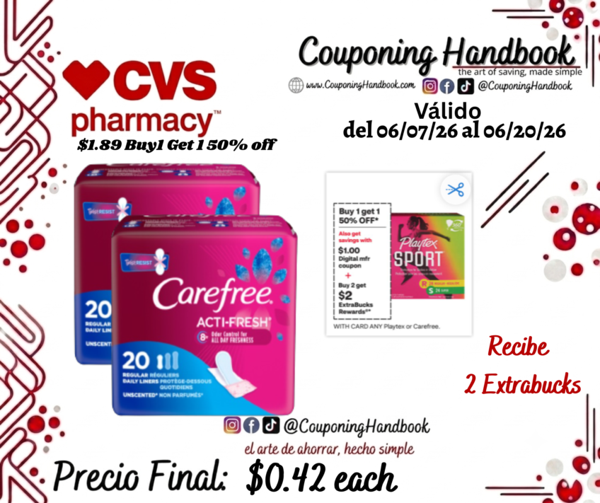 Carefree Acti-Fresh Panty Liners To Go, Unscented, Regular, 20 CT por $0.42