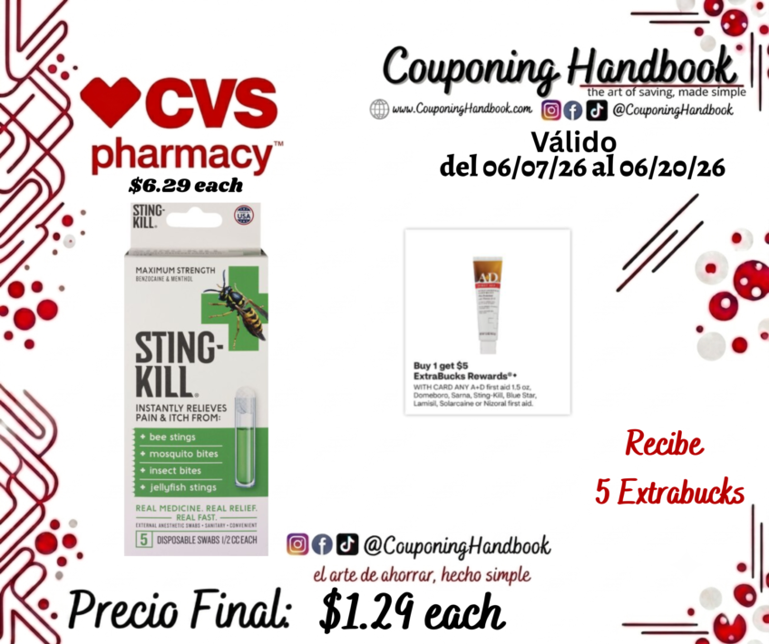 Sting-Kill Instant Pain and Itch Reliever Disposable Swabs, 5 CT por $1.29