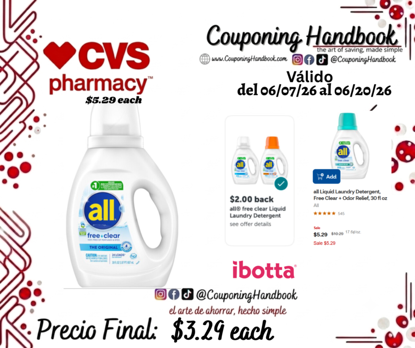 all Liquid Laundry Detergent, Free & Clear, 30 oz por $3.29
