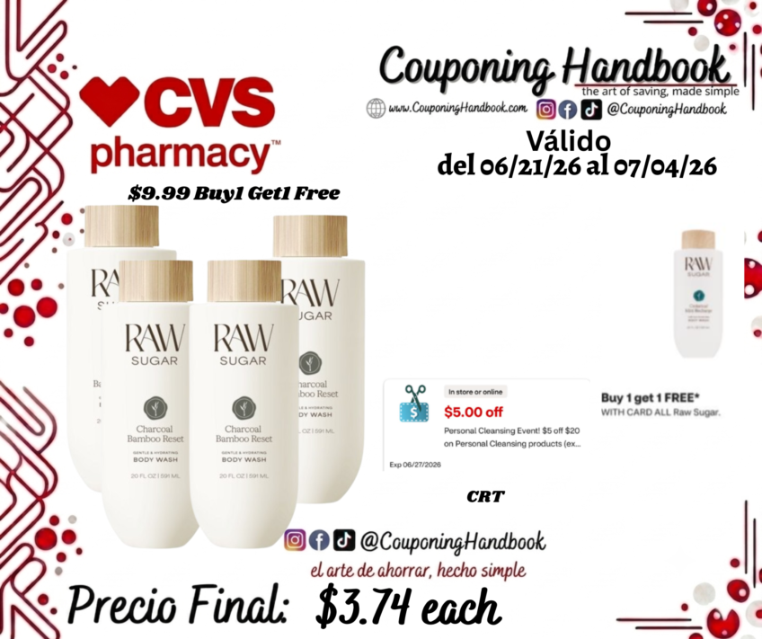 Raw Sugar Body Wash, Charcoal Bamboo Reset, 20 OZ por $3.74