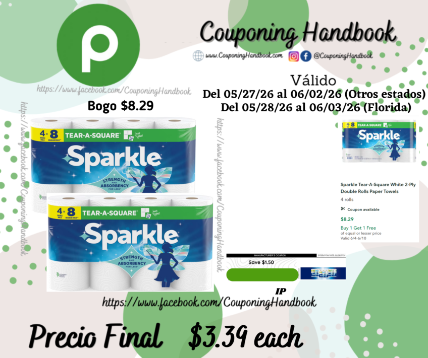 Sparkle Tear-A-Square White 2-Ply Double Rolls Paper Towels 4 rolls por $3.39