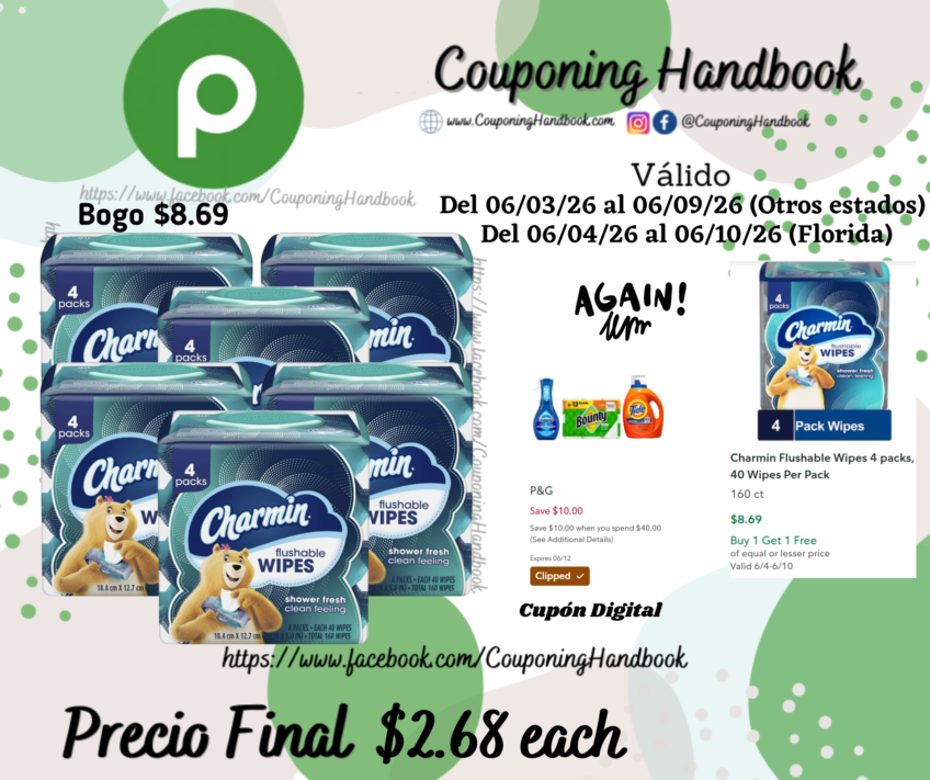 Charmin Flushable Wipes 4 packs, 40 Wipes Per Pack 160 ct por $2.68