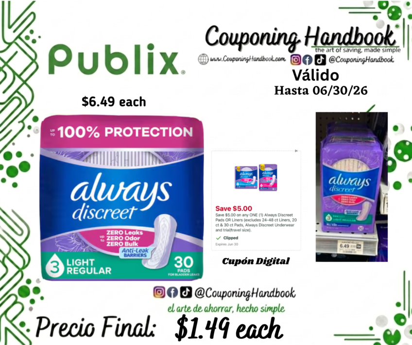 Always Discreet Pads, Light Absorbency, Regular Length, 30 Count por $1.49
