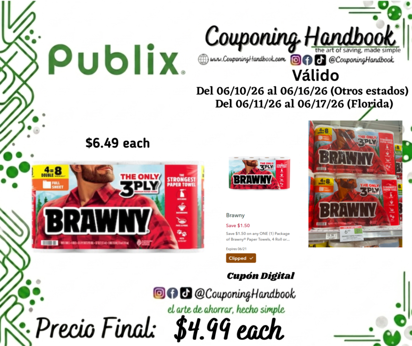 Brawny Full Sheet White 3-Ply Double Rolls Paper Towels 4 rolls por $3.99