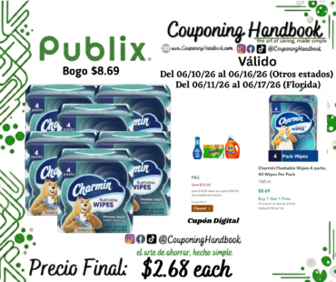 Charmin Flushable Wipes 4 packs, 40 Wipes Per Pack 160 ct por $2.68