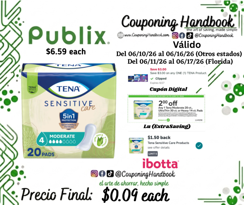 Tena sensitive care 20 pads por $0.09