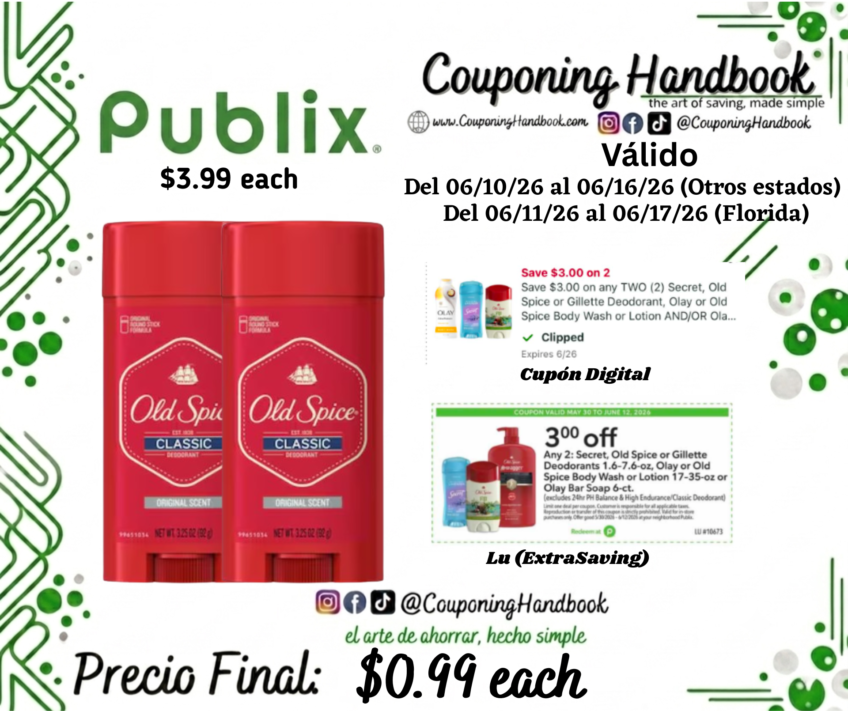 Old Spice Classic Original Scent Deodorant for Men, 3.25 oz por $0.99