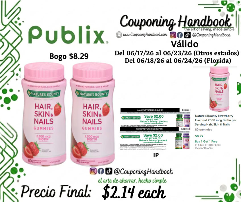 Nature’s Bounty Strawberry Flavored 2500 mcg Biotin per Serving Hair, Skin & Nails 80 gummies por $2.34