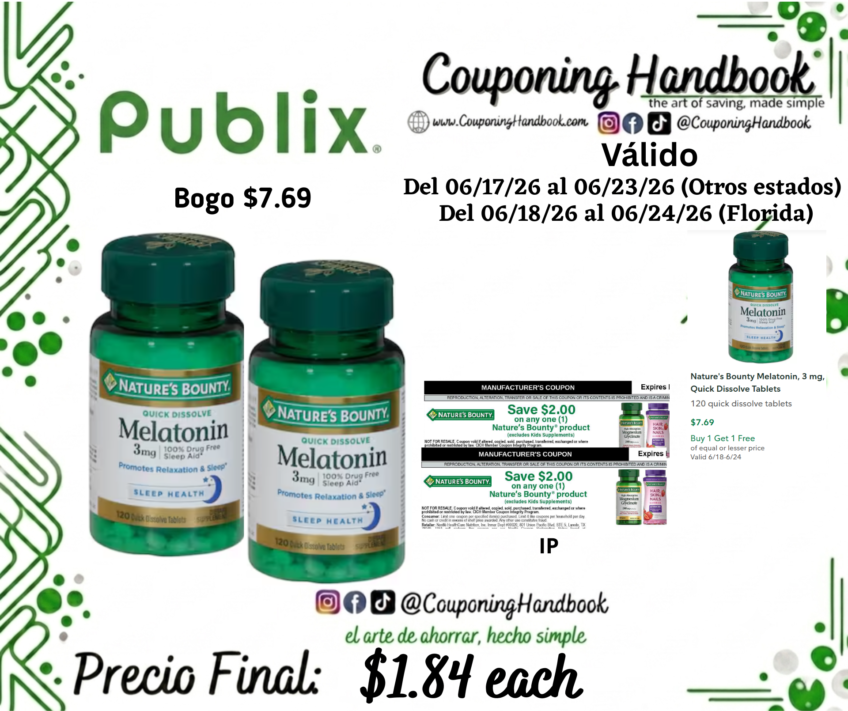 Nature’s Bounty Melatonin, 3 mg, Quick Dissolve Tablets 120 quick dissolve tablets por $1.84